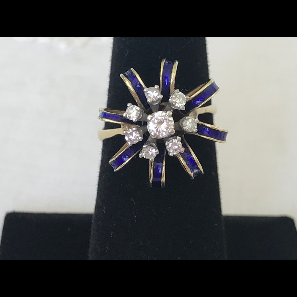 14K BLUE ENAMEL RIBBON DIAMOND CLUSTER RING